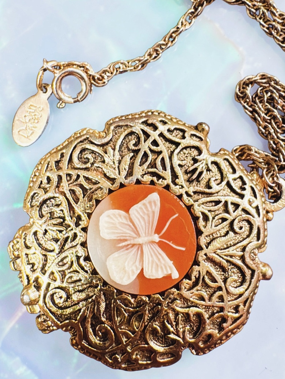Joan Rivers Gold Filigree Necklace with Orange Cameo Butterfly